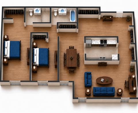 Floor plan for 2 beds, 2 baths, 1260 sqft